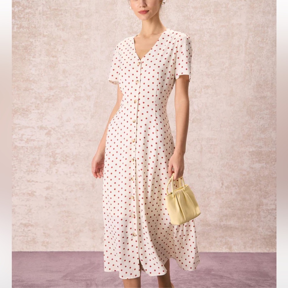 Rihoas Beige V Neck Polka Dot Button Midi Dress